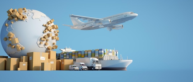La Tierra rodeada de cajas de cartón un contenedor de carga un barco un plan volador un coche una furgoneta y un camión