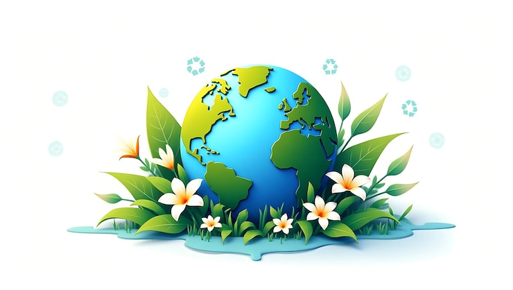 La tierra rodeada de naturaleza y símbolos de reciclaje