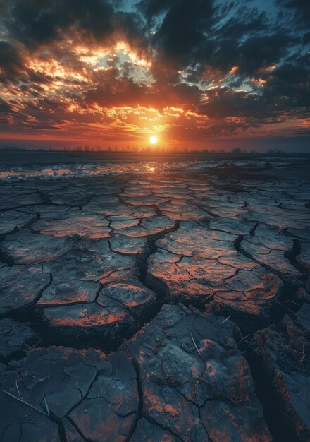 Foto la tierra se rompió durante la puesta del sol.