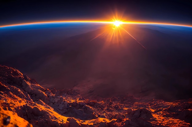 Tierra desde satélite en el espacio al amanecer Sol amanecer con rayos y estrella estrellada noche sobre galaxias