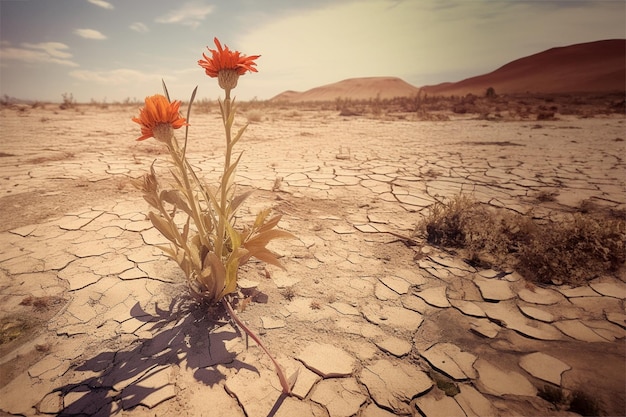 Foto tierra seca y una planta moribunda verano caluroso causado por el nino