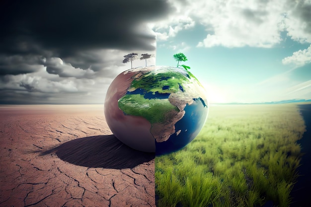 Foto la tierra sobre un fondo de hierba y nubes versus una tierra en ruinas sobre un fondo de un desierto muerto ai generativo