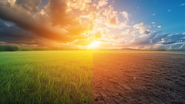 Tierra con suelo seco y agrietado y campo verde Desierto Fondo de calentamiento global