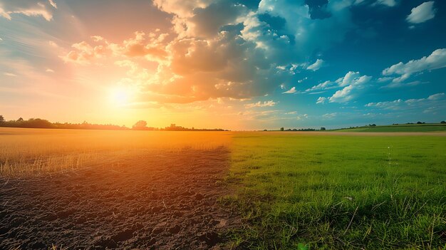 Tierra con suelo seco y agrietado y campo verde Desierto Fondo de calentamiento global