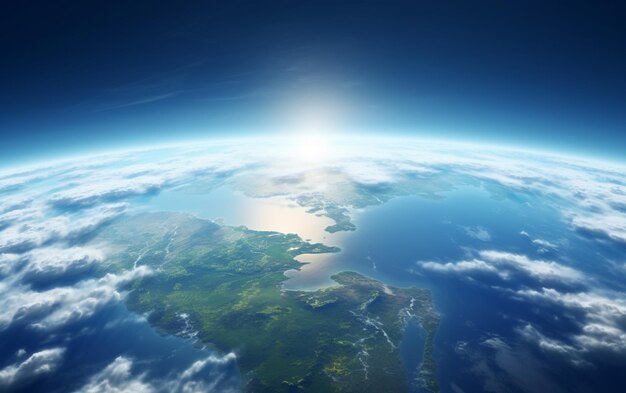Tierra con superficie geográfica realista y atmósfera de nube orbital 3d.