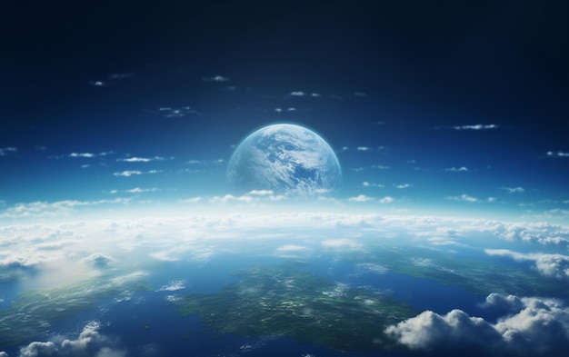 Tierra con superficie geográfica realista y atmósfera de nube orbital 3d.