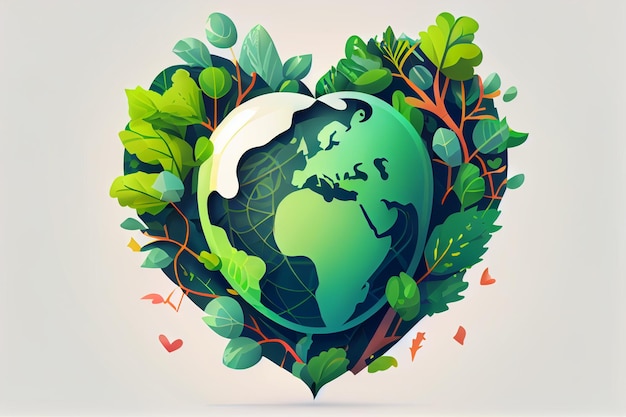 Una tierra verde con hojas alrededor y un logo en forma de corazón.