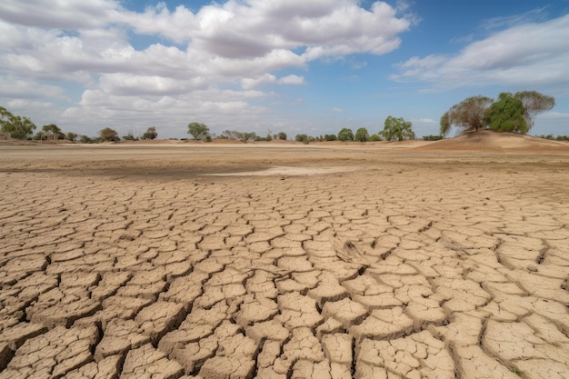 Tierras asoladas por la sequía con lecho de lago seco y cielo en el fondo creado con IA generativa