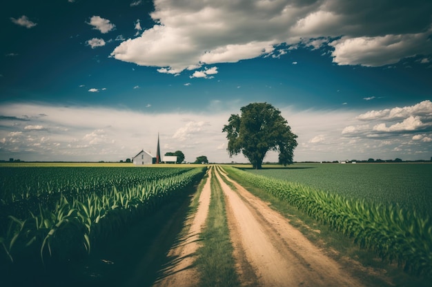 Tierras de cultivo de maíz verde con cielos perfectos Ilustración AI Generativo