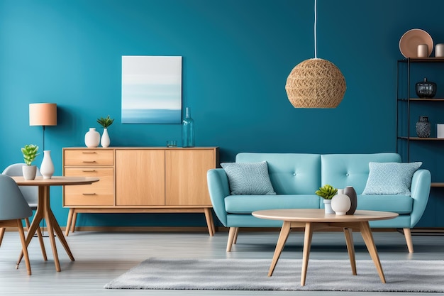 Foto tiffany color diseño de interiores moderno sala de estar redonda mesa de comedor de madera sofá armario pared azul