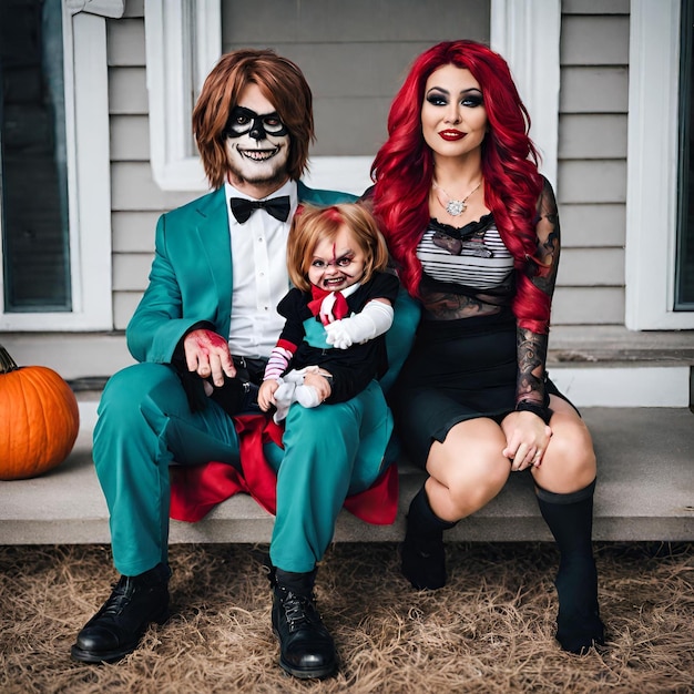 Tiffany e Chucky Halloween casal e família fantasia assustadora e de terror com decoração de casa