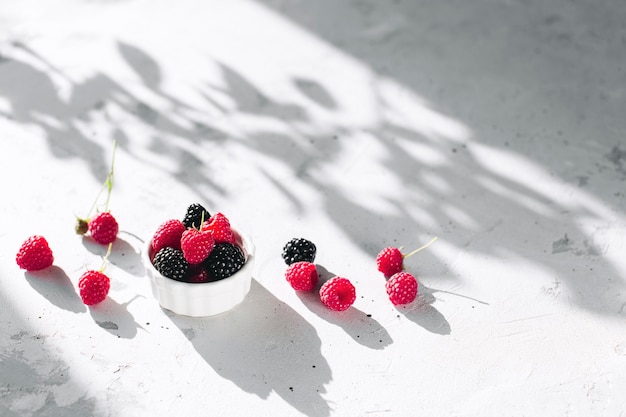 Tigela branca cheia de framboesas, amora preta na mesa de concreto cinza com folhas, sombra de galhos de árvores. conceito de alimentação saudável. eco, bio agricultura. frutas frescas saborosas em fundo cinza. foto de qualidade