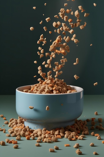 tigela cheia de grãos de comida para cães caindo na tigela