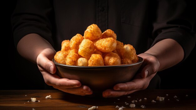 Foto tigela com deliciosas batatas fritas em fundo escuro