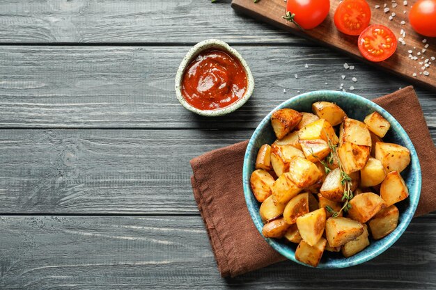 Tigela com saborosas fatias de batata e molho de tomate na mesa