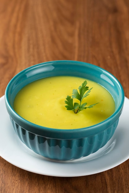 Tigela com sopa de cebola e croutons na mesa.