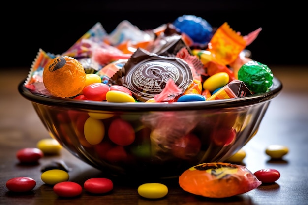 Tigela convidativa cheia de doces coloridos de Halloween fotografados em um interior quente e aconchegante