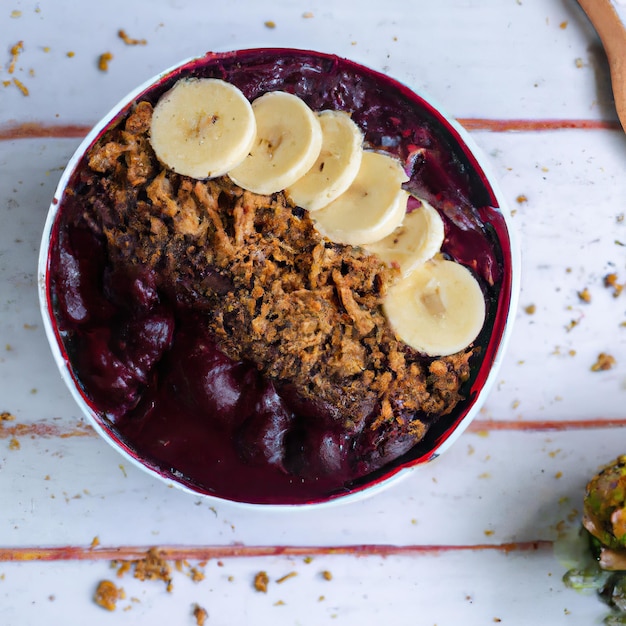 Tigela de açaí com granola frutas tropicais banana framboesa leite condensado e cereais Fechar representação 3D