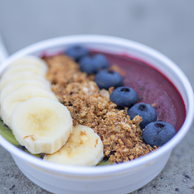 Tigela de açaí com granola frutas tropicais banana framboesa leite condensado e cereais Fechar representação 3D