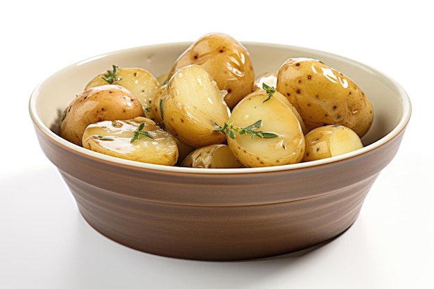 Tigela de batatas novas cozidas com cascas em fundo branco