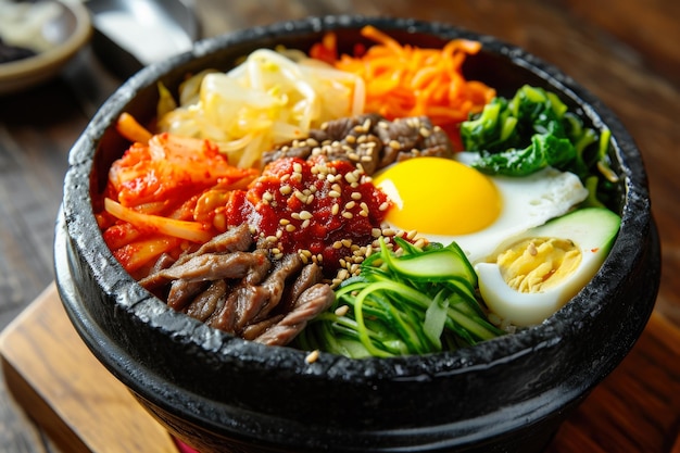 tigela de bibimbap um prato coreano de arroz misto com vegetais de carne bovina ovo e molho de gochujang em uma panela de pedra quente no estilo de colorido nutritivo picante