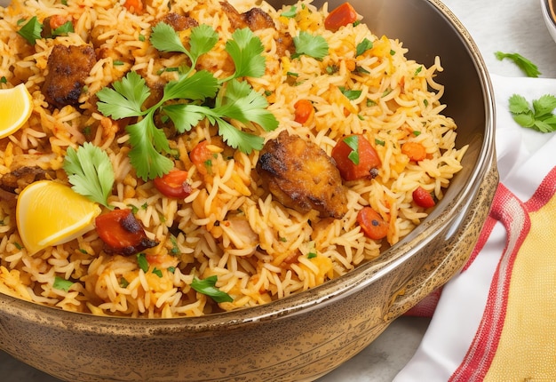 Tigela de biryani Kachchi comida tradicional indiana de Bangladesh biryani biriyani com tigela branca