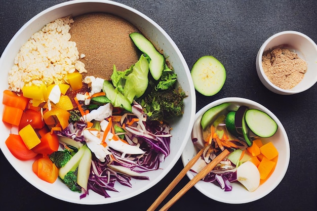 Tigela de Buda com legumes misturados, farinha vegana saudável e nutritiva, conceito de comida saudável, puxão