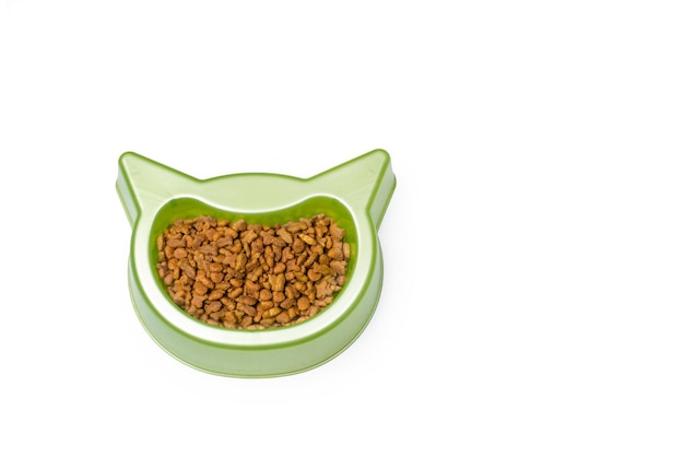 Tigela de cabeça de gato verde com comida para animais de estimação em um fundo branco