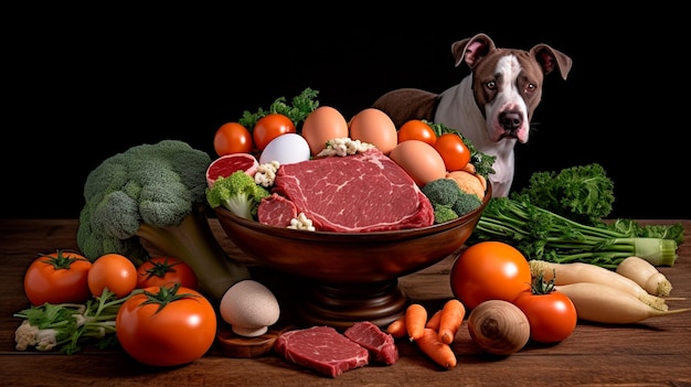 Tigela de cachorro cheia de pedaços de carne crua rodeada por um osso grande de ovo e vegetais variados para uma dieta animal saudável e balanceada IA generativa