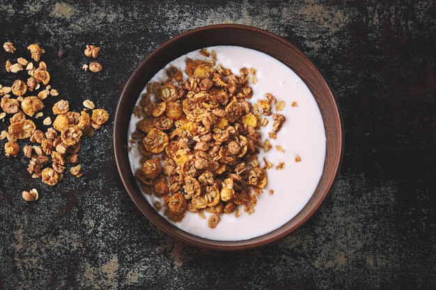 Tigela de café da manhã saudável com iogurte e granola. probióticos e laticínios fermentados. café da manhã com probióticos.