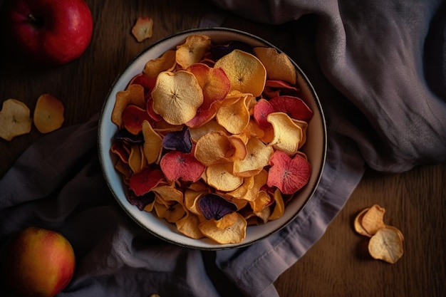 Tigela de chips de maçã em uma mesa