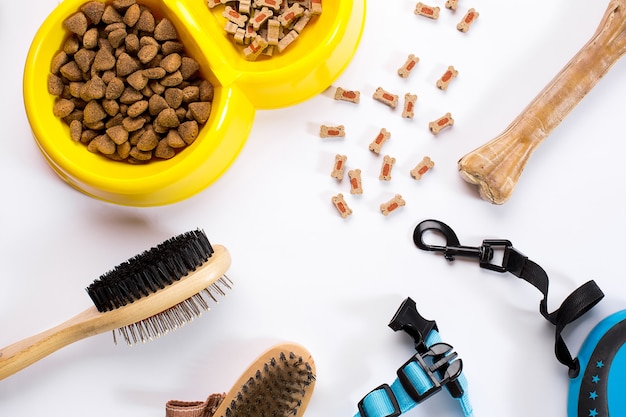 Tigela de coleira com coleira para ração, pentes e pincéis delicados para cães isolados no fundo branco