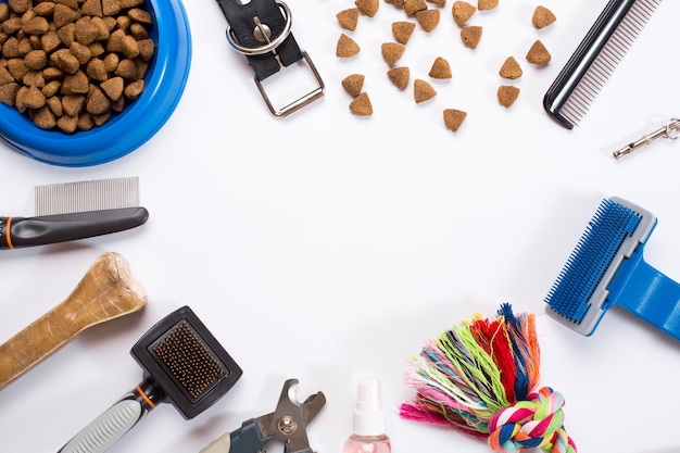 Tigela de coleira com coleira para ração, pentes e pincéis delicados para cães isolados no fundo branco