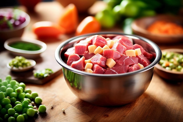 Tigela de comida de cachorro carne e legumes Generative AI