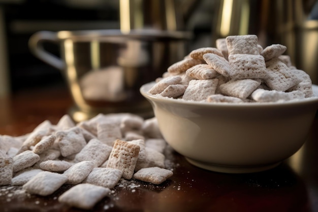 Tigela de comida de cachorro em uma mesa de madeira