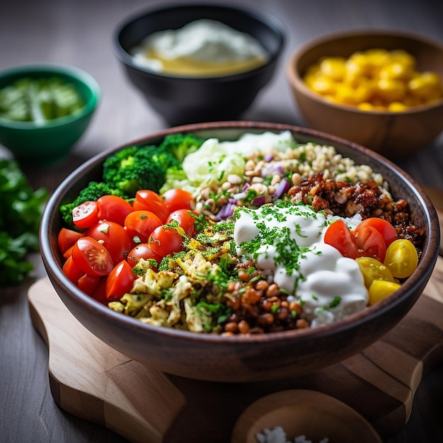 tigela de comida vegetariana com muitos vegetais no estilo de grãos e naturezas-mortas realistas de grãos