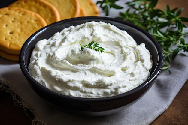 Tigela de creme de queijo caseiro com baixo teor de gordura