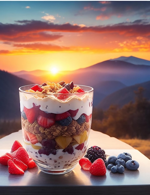 tigela de frutas com uma colher e um morango em cima da mesa