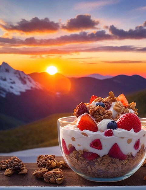 tigela de frutas com uma colher e um morango em cima da mesa