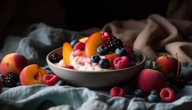 Tigela de frutas frescas com iogurte e granola gerada por IA