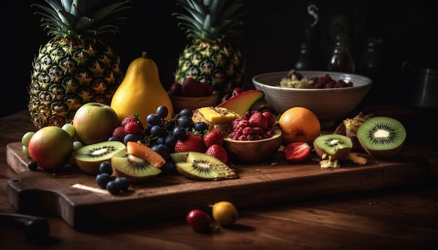 Tigela de frutas orgânicas frescas Abacaxi kiwi laranja e variação de baga gerada por IA
