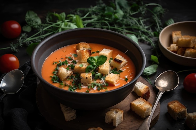 Tigela de gaspacho coberta com croutons de ervas frescas e queijo