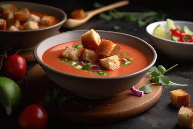 Tigela de gaspacho coberta com croutons e guarnições para dar sabor