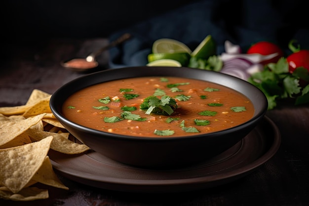 Tigela de gaspacho com chips de tortilla e enfeite