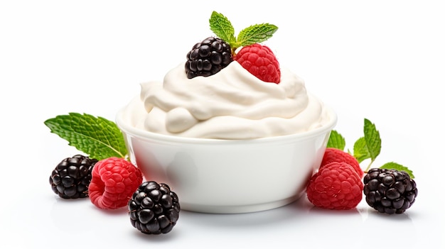 tigela de iogurte saboroso com frutas em fundo branco