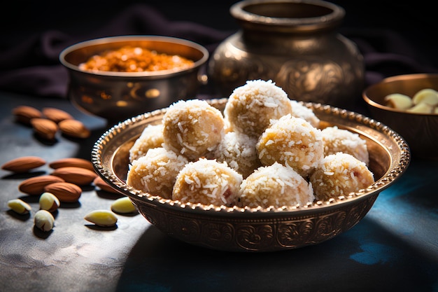 tigela de laddus de coco ralado doce indiano