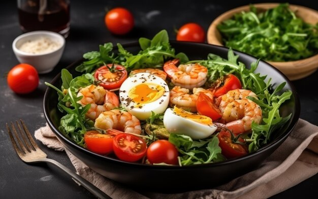 Tigela de lanche de café da manhã tomate cereja salada de rúcula com ovo cozido e camarão frito