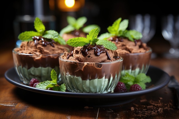 Tigela de mousse de chocolate com elegância generativa IA