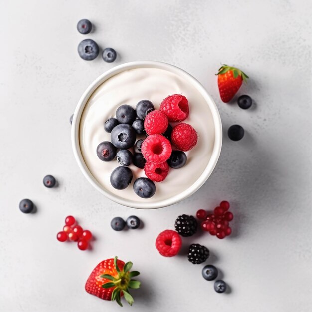 Tigela de muesli com frutas e iogurte isolado no fundo branco