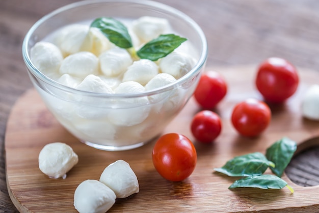 Tigela de mussarela Bocconcini com tomate cereja fresco